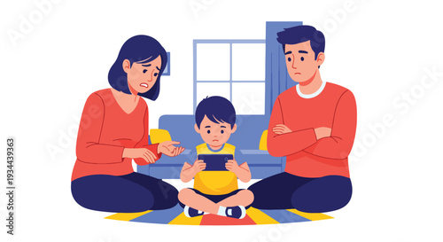 Modern vector illustration of parents worried while child ignores them using smartphone. Family communication problem and gadget addiction concept in contemporary home interior