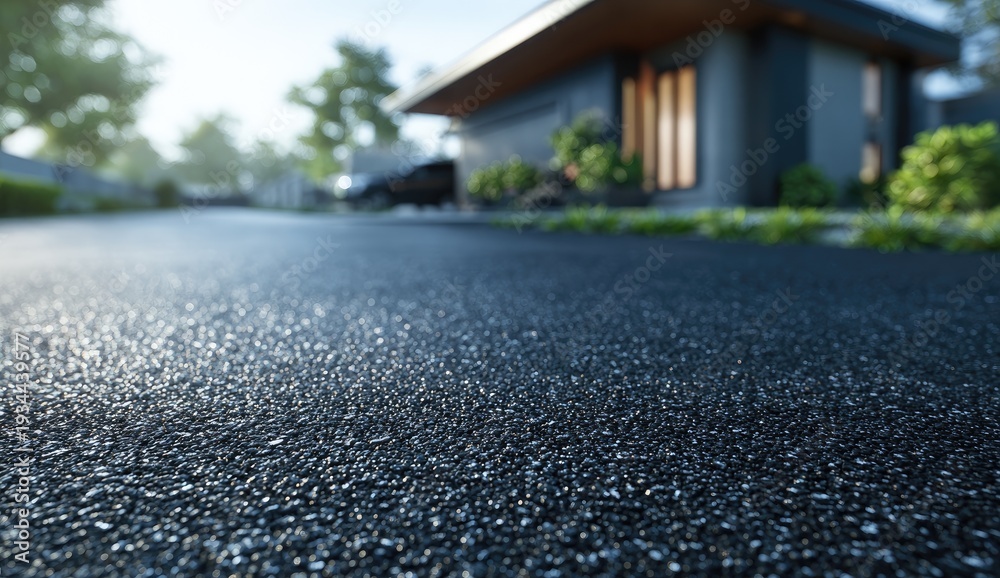 Fototapeta premium Sunlit driveway leading to a modern home with a car parked in the background