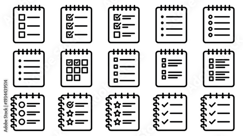 Collection of black line art icons depicting various checklists and to-do lists on spiral notepads for task management and organization concepts in a simple vector style