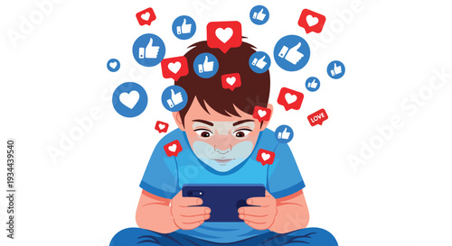 Modern vector illustration of child surrounded by social media icons while holding phone. Digital overload, online pressure and screen addiction concept for youth mental wellbeing