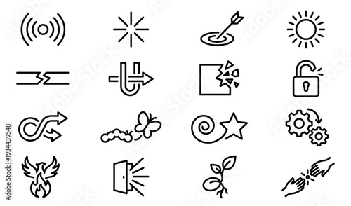 Collection of black thin line icons representing business concepts like transformation, growth, innovation, and opportunity, featuring symbols for goals, change, and resilience