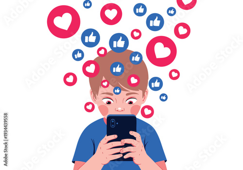 Modern vector illustration of child surrounded by social media icons while holding phone. Digital overload, online pressure and screen addiction concept for youth mental wellbeing