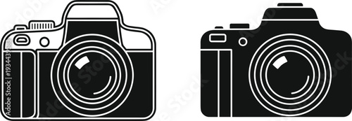 Two Camera Icons One Detailed Outline and One Solid Black Keywords: camera, photography, photo, equipment, device, technology