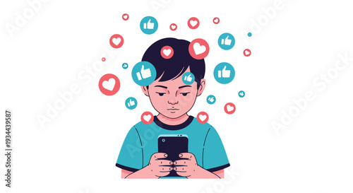 Modern vector illustration of child surrounded by social media icons while holding phone. Digital overload, online pressure and screen addiction concept for youth mental wellbeing