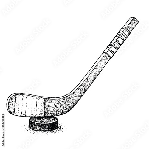 Classic hockey stick and puck illustration in a stippled art style on a white background