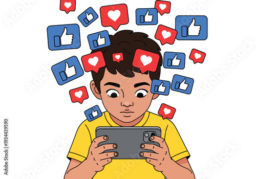 Modern vector illustration of child surrounded by social media icons while holding phone. Digital overload, online pressure and screen addiction concept for youth mental wellbeing