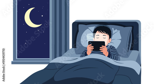 Modern vector illustration of child using smartphone late at night in bedroom. Sleep disruption and excessive screen exposure concept affecting childhood health and wellbeing