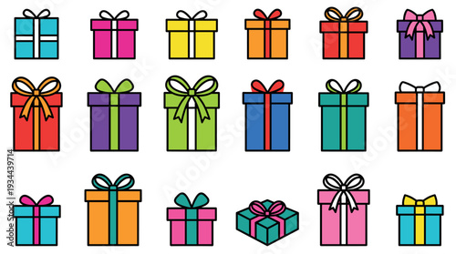 Colorful collection of gift box icons with various ribbons and bows for celebrating special occasions, presented in a simple flat graphic style with bold black outlines