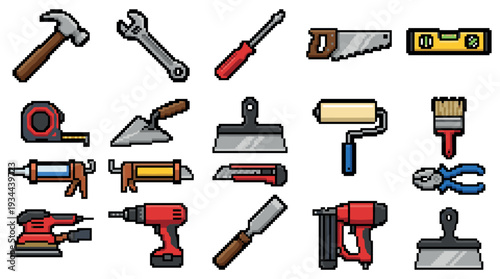Pixel art collection of various construction and repair tools including a hammer, saw, drill, and wrench in a retro 8-bit video game style illustration set