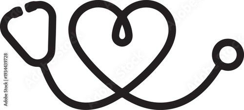 A black medical stethoscope symbol, A simple black silhouette icon of a stethoscope with a heart symbol healthcare and medical care