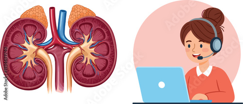 Human kidney anatomy illustration and medical support operator vector set