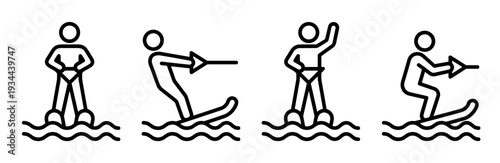 Set of four water skiing line icons showing a stick figure person in various action poses on the water, rendered in a simple black outline minimalist pictogram style