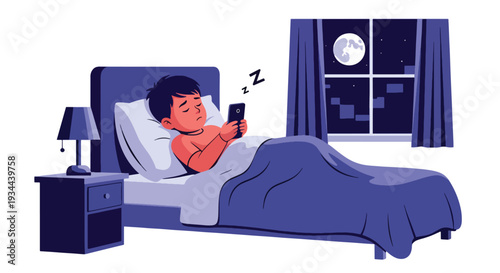 Modern vector illustration of child using smartphone late at night in bedroom. Sleep disruption and excessive screen exposure concept affecting childhood health and wellbeing