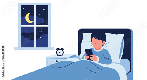 Modern vector illustration of child using smartphone late at night in bedroom. Sleep disruption and excessive screen exposure concept affecting childhood health and wellbeing
