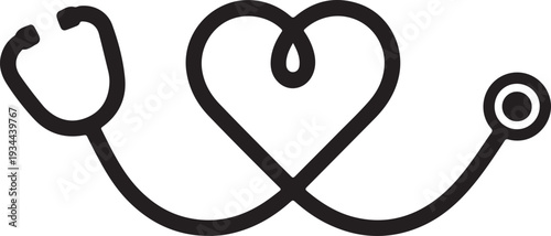 A black medical stethoscope symbol, A simple black silhouette icon of a stethoscope with a heart symbol healthcare and medical care