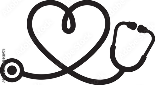 A black medical stethoscope symbol, A simple black silhouette icon of a stethoscope with a heart symbol healthcare and medical care
