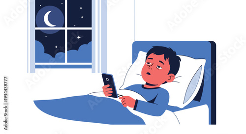Modern vector illustration of child using smartphone late at night in bedroom. Sleep disruption and excessive screen exposure concept affecting childhood health and wellbeing