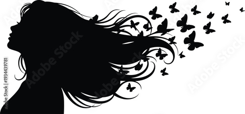 Silhouette of a woman with butterflies emerging from her hair, for Womens day 