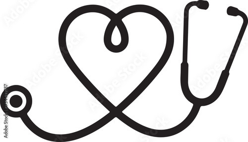A black medical stethoscope symbol, A simple black silhouette icon of a stethoscope with a heart symbol healthcare and medical care