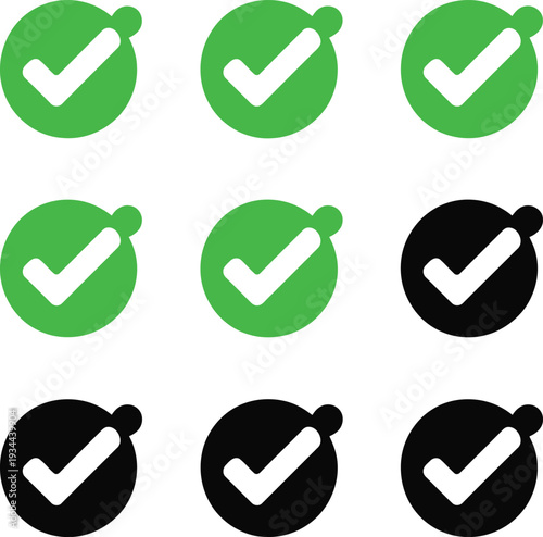 Variations of checkmark icons in green and black circular backgrounds with white ticks Vector