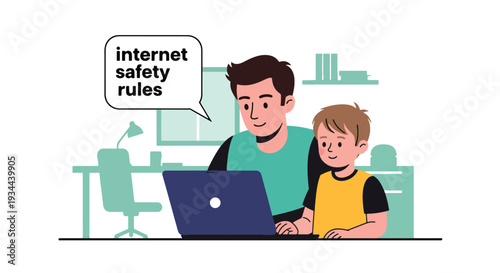 Modern vector illustration of father explaining internet safety rules to child using laptop. Digital awareness and responsible technology use parenting concept