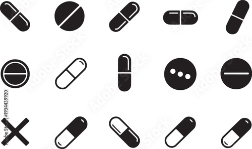 Medical icons pattern featuring pills and tablet vector. Black and white Pills with capsules icon set for medicine, pharmacy, and healthcare vector illustration