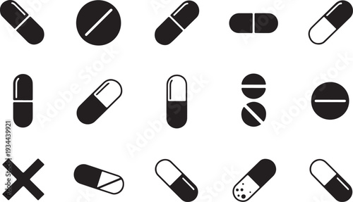 Medical icons pattern featuring pills and tablet vector. Black and white Pills with capsules icon set for medicine, pharmacy, and healthcare vector illustration