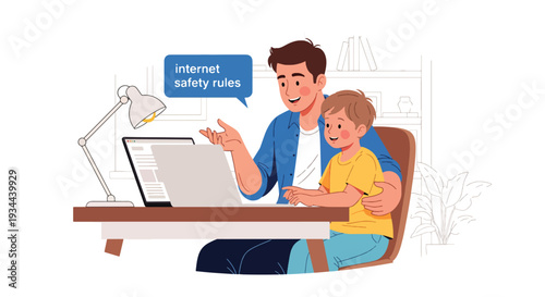 Modern vector illustration of father explaining internet safety rules to child using laptop. Digital awareness and responsible technology use parenting concept