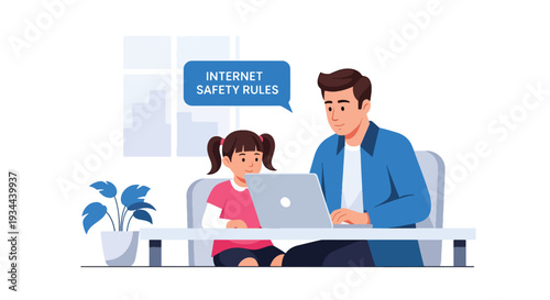 Modern vector illustration of father explaining internet safety rules to child using laptop. Digital awareness and responsible technology use parenting concept