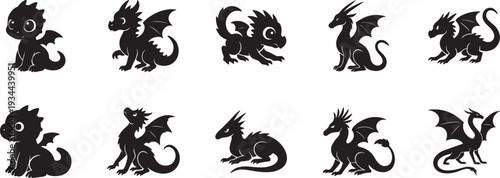 Cute little dragon icon set. Adorable fantasy creature thin line vector collection for design.