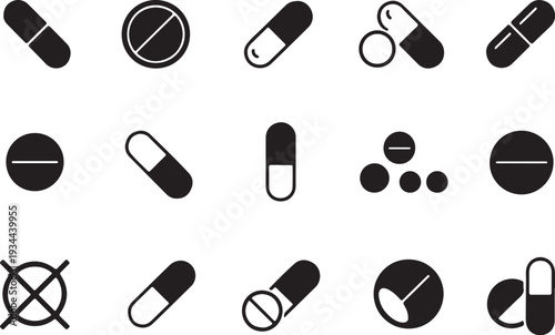 Medical icons pattern featuring pills and tablet vector. Black and white Pills with capsules icon set for medicine, pharmacy, and healthcare vector illustration