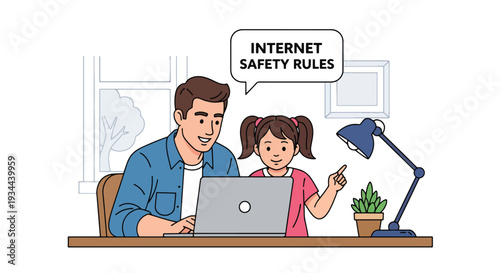 Modern vector illustration of father explaining internet safety rules to child using laptop. Digital awareness and responsible technology use parenting concept