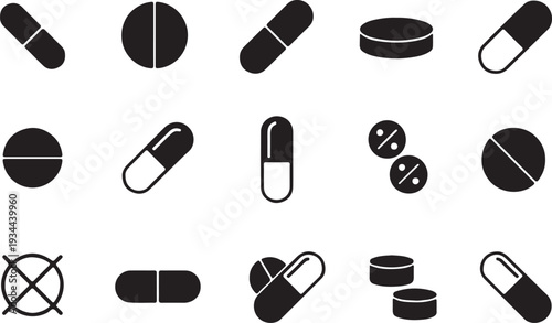 Medical icons pattern featuring pills and tablet vector. Black and white Pills with capsules icon set for medicine, pharmacy, and healthcare vector illustration