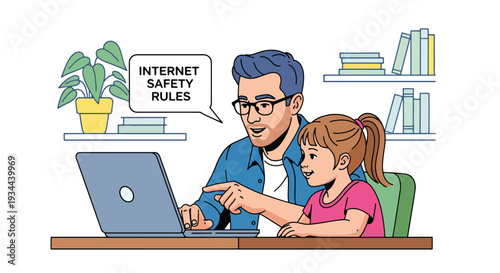 Modern vector illustration of father explaining internet safety rules to child using laptop. Digital awareness and responsible technology use parenting concept