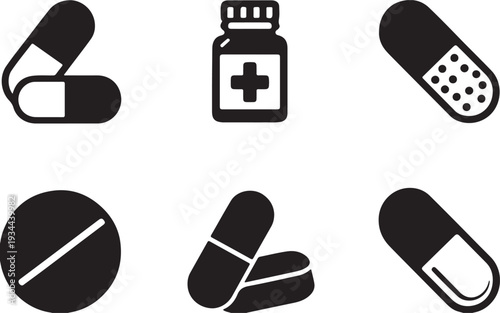 Black Icon Medicine Multiple Style Design Vector, bottle with pills symbolizing healthcare. Set of medicine bottles and pills icons vector illustration