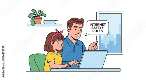 Modern vector illustration of father explaining internet safety rules to child using laptop. Digital awareness and responsible technology use parenting concept