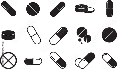 Medical icons pattern featuring pills and tablet vector. Black and white Pills with capsules icon set for medicine, pharmacy, and healthcare vector illustration