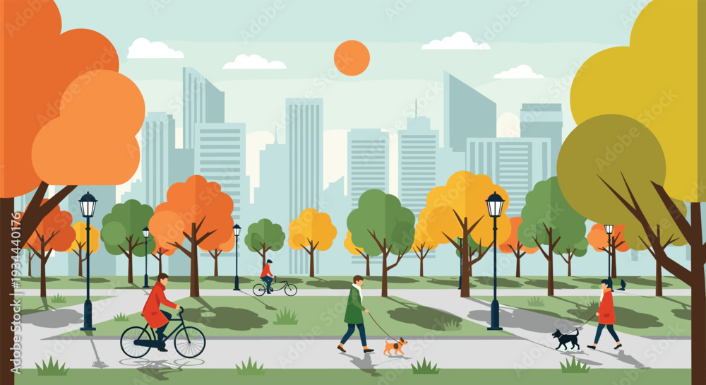 Obraz premium People walking cycling and relaxing in autumn city park vector illustration