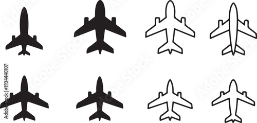 Vector black airplane silhouettes against a white and back. Airplane flying icon set vector silhouette illustration 