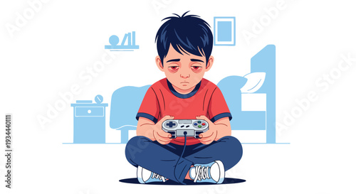 Modern vector illustration of child with tired eyes holding gaming controller. Health risks of excessive gaming and digital overuse concept for youth wellbeing