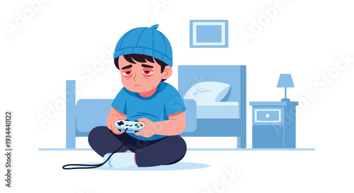 Modern vector illustration of child with tired eyes holding gaming controller. Health risks of excessive gaming and digital overuse concept for youth wellbeing