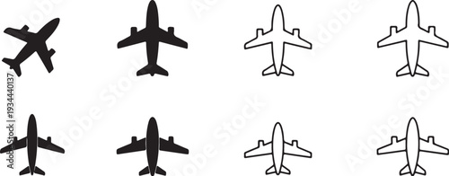 Vector black airplane silhouettes against a white and back. Airplane flying icon set vector silhouette illustration 