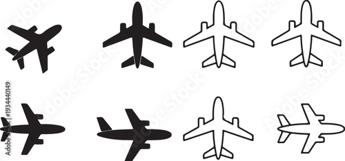 Vector black airplane silhouettes against a white and back. Airplane flying icon set vector silhouette illustration 
