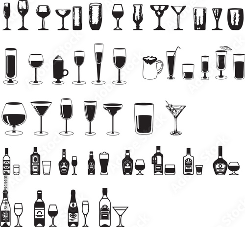 set of wine bottles and glasses