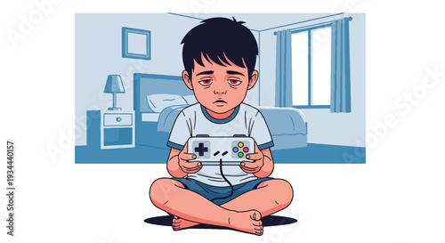 Modern vector illustration of child with tired eyes holding gaming controller. Health risks of excessive gaming and digital overuse concept for youth wellbeing