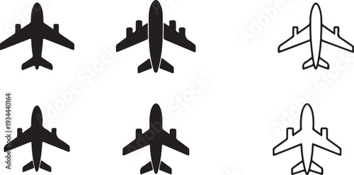 Vector black airplane silhouettes against a white and back. Airplane flying icon set vector silhouette illustration 