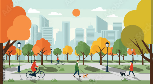 People walking cycling and relaxing in autumn city park vector illustration