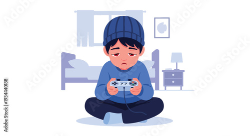 Modern vector illustration of child with tired eyes holding gaming controller. Health risks of excessive gaming and digital overuse concept for youth wellbeing