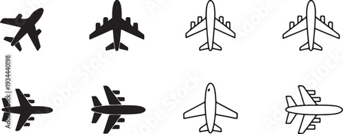 Vector black airplane silhouettes against a white and back. Airplane flying icon set vector silhouette illustration 