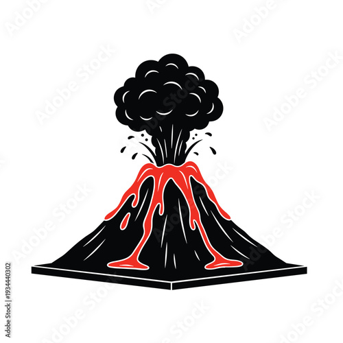 Stylized illustration of a black volcano erupting with red lava and smoke